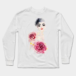 girl with flowers peonies Long Sleeve T-Shirt